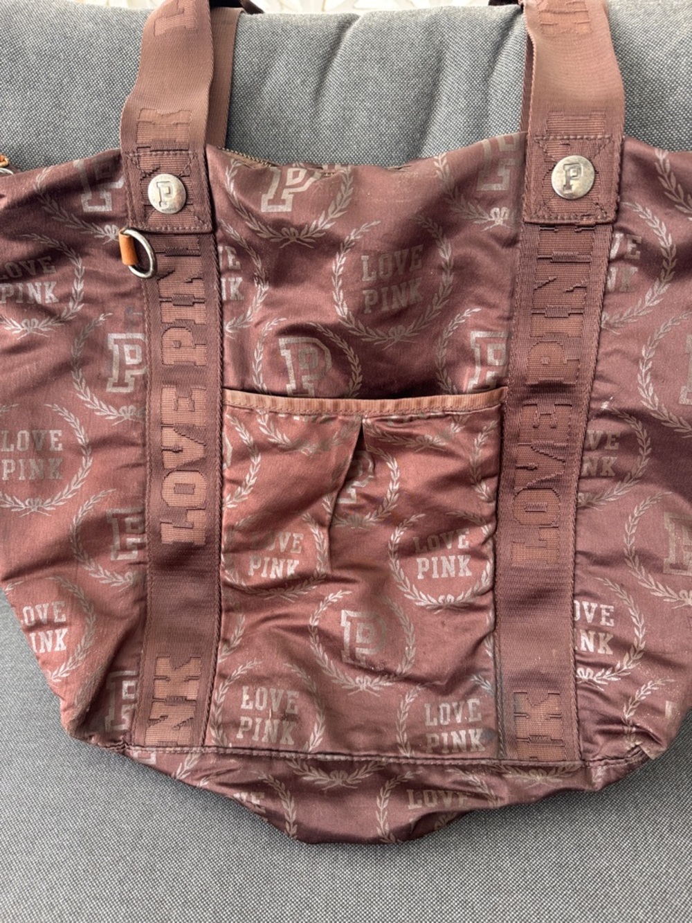 Y2K Victoria’s Secret PINK Signature Brown Tote All Over Print Spellout Logo